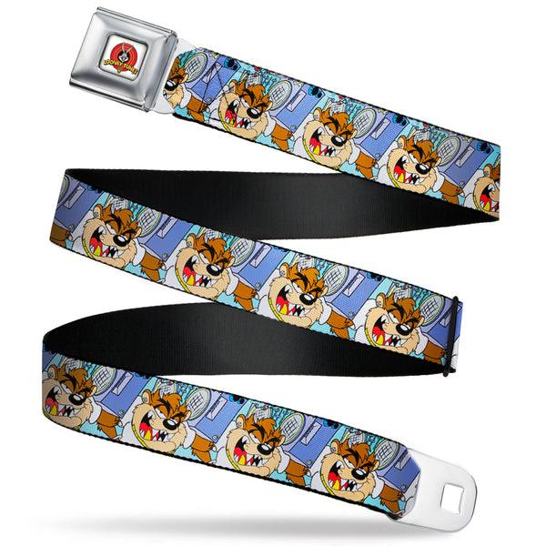 Buckle-Down Looney Tunes Logo Full Color White Seatbelt Belt - Tasmanian Devil Boom Box Pose Baby Blue Webbing