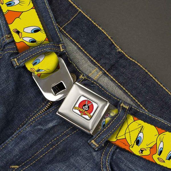 Buckle-Down Looney Tunes Logo Full Color White Seatbelt Belt - Tweety Bird CLOSE-UP Expressions Orange Webbing