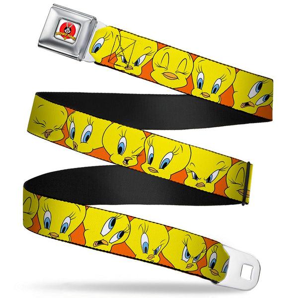 Buckle-Down Looney Tunes Logo Full Color White Seatbelt Belt - Tweety Bird CLOSE-UP Expressions Orange Webbing