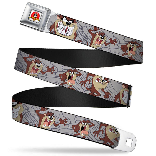 Buckle-Down Looney Tunes Logo Full Color White Seatbelt Belt - Tasmanian Devil Expressions Gray Swirl Webbing