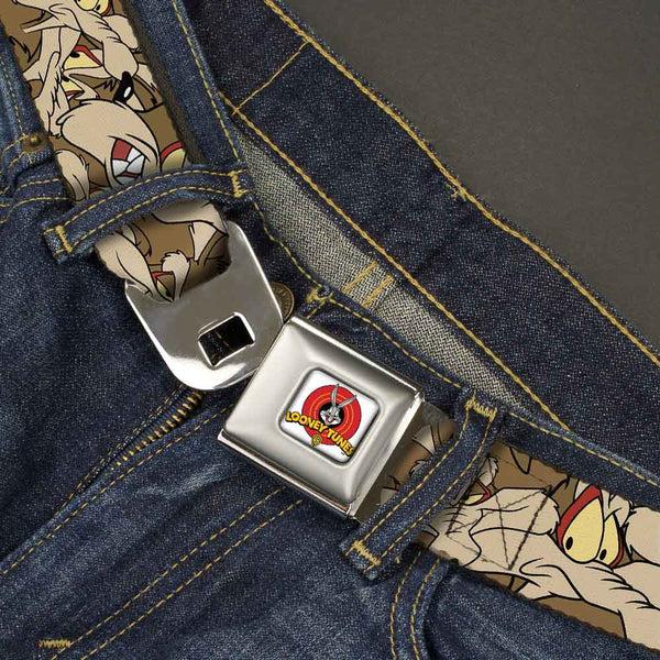 Buckle-Down Looney Tunes Logo Full Color White Seatbelt Belt - Wile E. Coyote Expressions Stacked Webbing