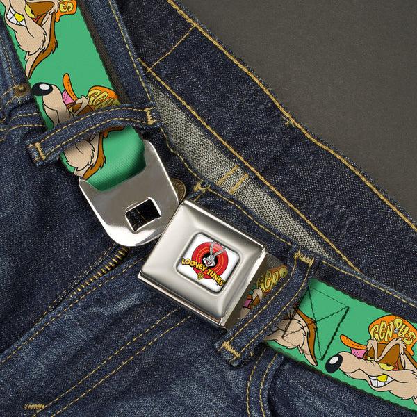 Buckle-Down Looney Tunes Logo Full Color White Seatbelt Belt - Wile E. Coyote Hip Hop Expression Green Webbing