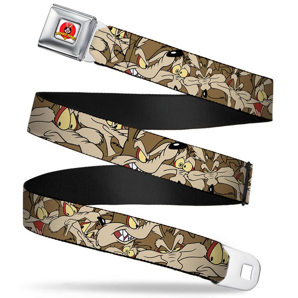 Buckle-Down Looney Tunes Logo Full Color White Seatbelt Belt - Wile E. Coyote Expressions Stacked Webbing