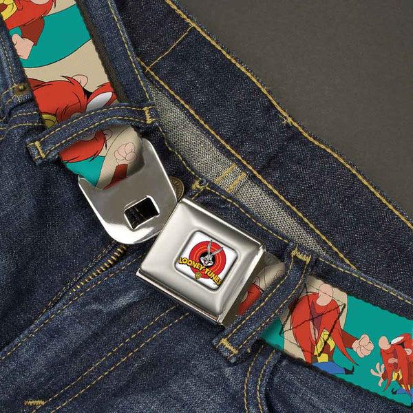 Buckle-Down Looney Tunes Logo Full Color White Seatbelt Belt - Yosemite Sam Poses Turquoise Webbing