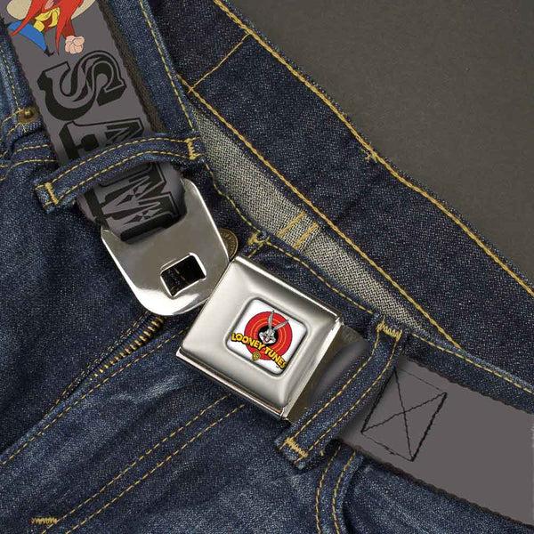 Buckle-Down Looney Tunes Logo Full Color White Seatbelt Belt - YOSEMITE SAM W/Poses Gray Webbing
