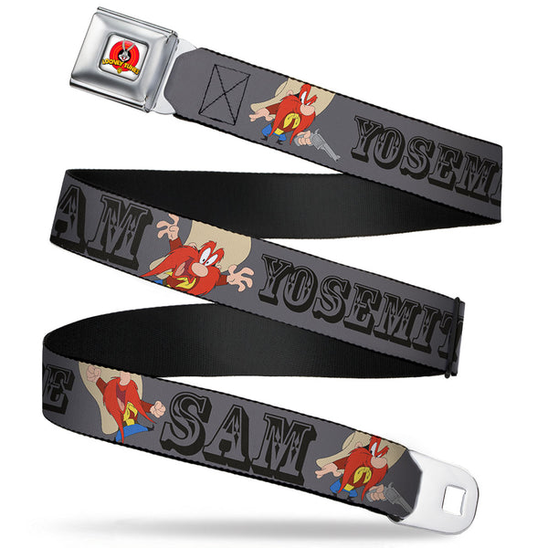 Buckle-Down Looney Tunes Logo Full Color White Seatbelt Belt - YOSEMITE SAM w/Poses Gray Webbing