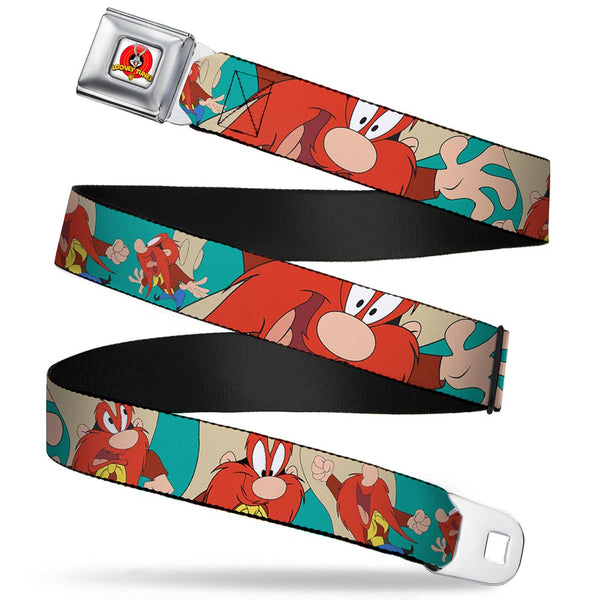Buckle-Down Looney Tunes Logo Full Color White Seatbelt Belt - Yosemite Sam Poses Turquoise Webbing