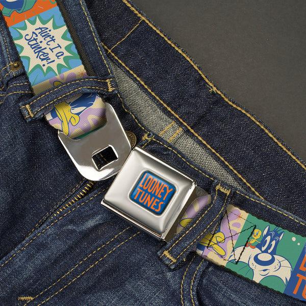 Buckle-Down LOONEY TUNES Text Full Color Blue/Orange Seatbelt Belt - LOONEY TUNES Character Pose Block And Icon Blocks Multi Pastel Webbing
