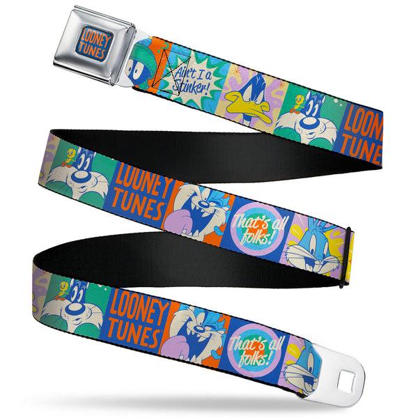 Buckle-Down LOONEY TUNES Text Full Color Blue/Orange Seatbelt Belt - LOONEY TUNES Character Pose Block and Icon Blocks Multi Pastel Webbing