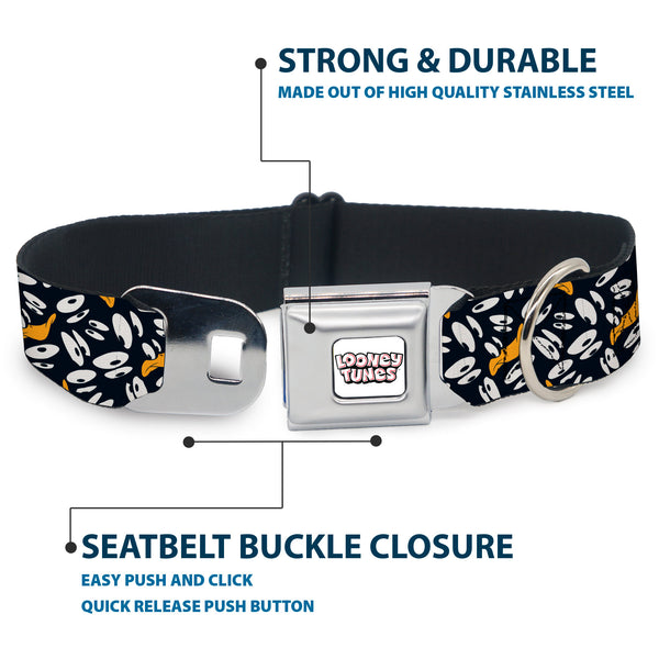 Buckle-Down LOONEY TUNES Text Title Logo Full Color White Seatbelt Buckle Collar - Daffy Duck Expression And Eyes Scattered Black/White