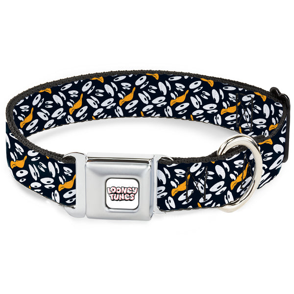 Buckle-Down LOONEY TUNES Text Title Logo Full Color White Seatbelt Buckle Collar - Daffy Duck Expression and Eyes Scattered Black/White