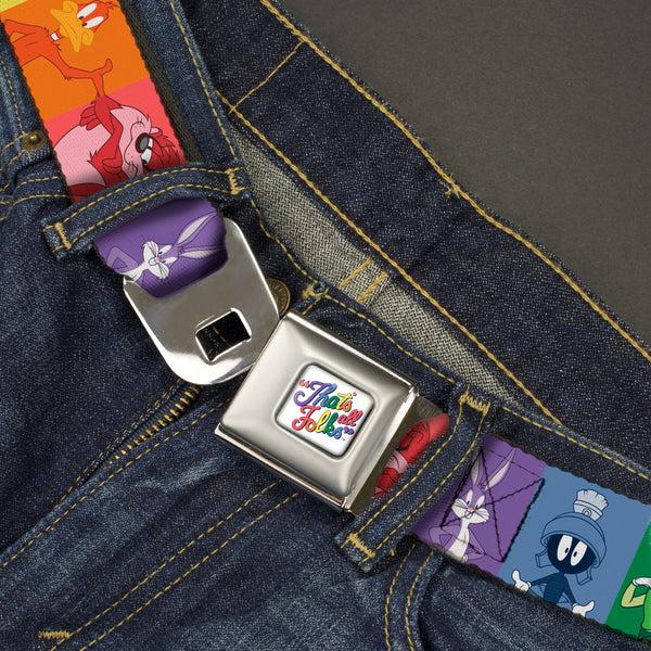 Buckle-Down Looney Tunes THAT'S ALL FOLKS Script Full Color White/Multi Color Seatbelt Belt - Looney Tunes 6-Character Pose Pride Blocks Multi Color Webbing