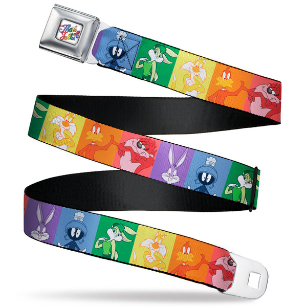 Buckle-Down Looney Tunes THAT'S ALL FOLKS Script Full Color White/Multi Color Seatbelt Belt - Looney Tunes 6-Character Pose Pride Blocks Multi Color Webbing