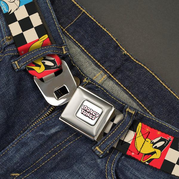 Buckle-Down LOONEY TUNES Title Text Logo Full Color White/Black/Red Seatbelt Belt - Looney Tunes Checker Pose Blocks Black/White/Multi Color Webbing