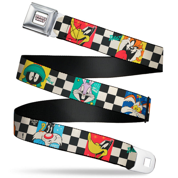 Buckle-Down LOONEY TUNES Title Text Logo Full Color White/Black/Red Seatbelt Belt - Looney Tunes Checker Pose Blocks Black/White/Multi Color Webbing