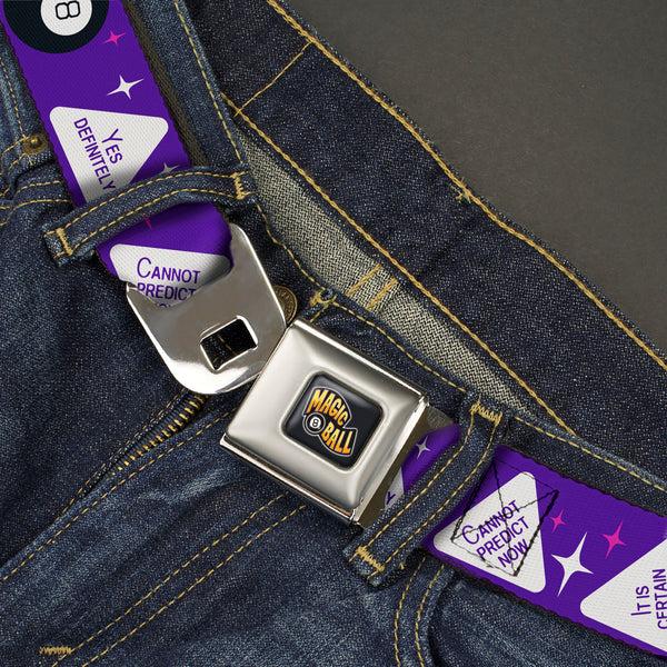 Buckle-Down MAGIC 8 BALL Logo Full Color Black/Orange/White Seatbelt Belt - Magic 8 Ball Answers Flip Blue/White Webbing