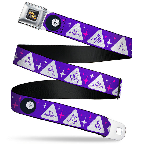 Buckle-Down MAGIC 8 BALL Logo Full Color Black/Orange/White Seatbelt Belt - Magic 8 Ball Answers Flip Blue/White Webbing