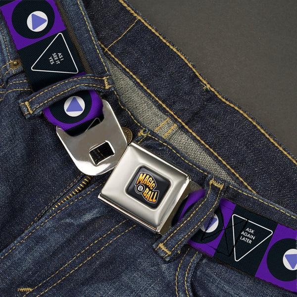 Buckle-Down MAGIC 8 BALL Logo Full Color Black/Orange/White Seatbelt Belt - Magic 8 Ball Answers And Ball Blocks Black/Blue Webbing