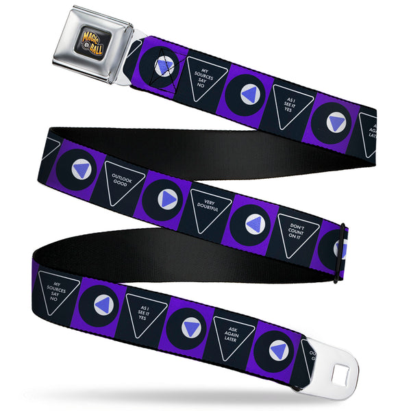 Buckle-Down MAGIC 8 BALL Logo Full Color Black/Orange/White Seatbelt Belt - Magic 8 Ball Answers and Ball Blocks Black/Blue Webbing