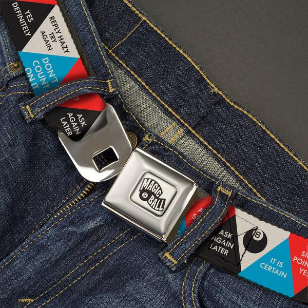 Buckle-Down MAGIC 8 BALL Logo Full Color White/Black Seatbelt Belt - Magic 8 Ball Answer Triangles Black/Red/Blue/White Webbing