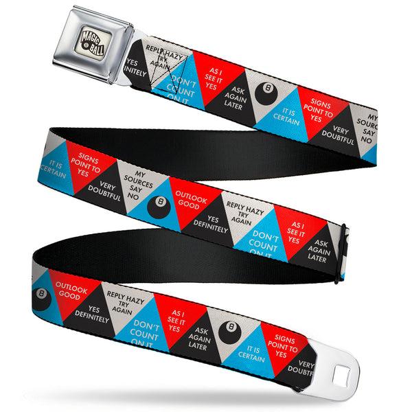 Buckle-Down MAGIC 8 BALL Logo Full Color White/Black Seatbelt Belt - Magic 8 Ball Answer Triangles Black/Red/Blue/White Webbing