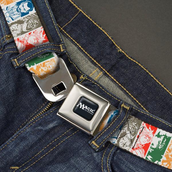 Buckle-Down MAGIC THE GATHERING Title Logo Full Color Black/White Seatbelt Belt - Magic The Gathering Five Planeswalkers Pose Blocks White/Multi Color Webbing