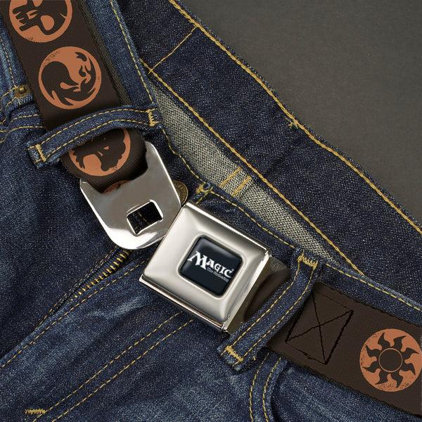 Buckle-Down MAGIC THE GATHERING Title Logo Full Color Black/White Seatbelt Belt - Magic The Gathering Five Mana Icon Symbols Brown/Orange Webbing