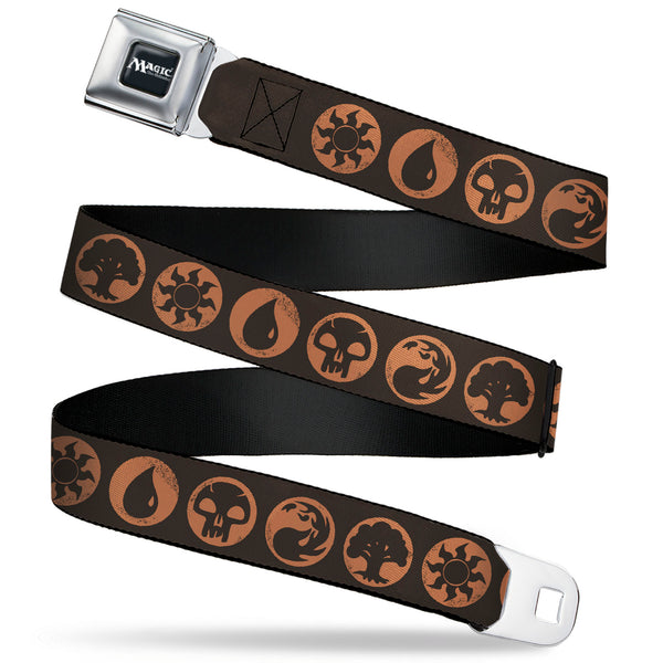 Buckle-Down MAGIC THE GATHERING Title Logo Full Color Black/White Seatbelt Belt - Magic the Gathering Five Mana Icon Symbols Brown/Orange Webbing