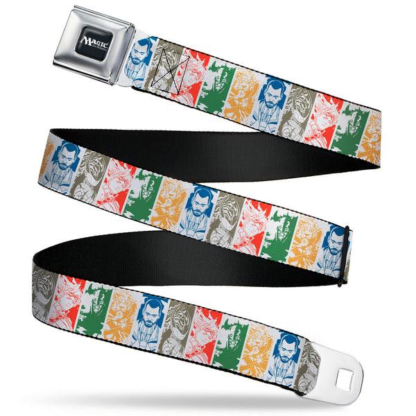 Buckle-Down MAGIC THE GATHERING Title Logo Full Color Black/White Seatbelt Belt - Magic the Gathering Five Planeswalkers Pose Blocks White/Multi Color Webbing