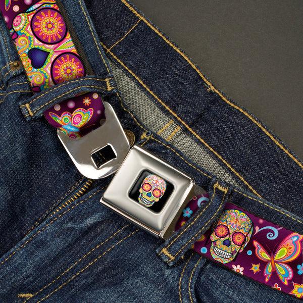 Buckle-Down Mariposa Calavera Full Color Black/Multi Color Seatbelt Belt - Mariposa Calaveras/Butterflies/Flowers Burgundy/Multi Color Webbing