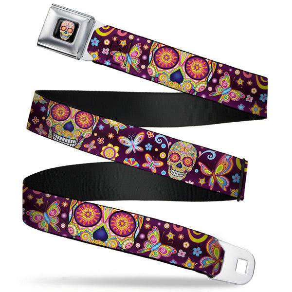 Buckle-Down Mariposa Calavera Full Color Black/Multi Color Seatbelt Belt - Mariposa Calaveras/Butterflies/Flowers Burgundy/Multi Color Webbing