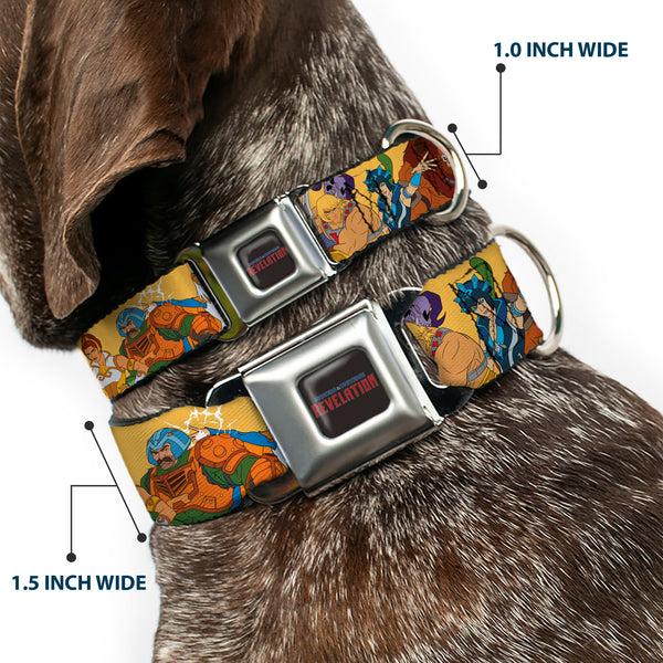 Buckle-Down MASTERS OF THE UNIVERSE REVELATION Title Logo Full Color Black Seatbelt Buckle Collar - MOTU Revelation Eight Character Group Pose Yellow