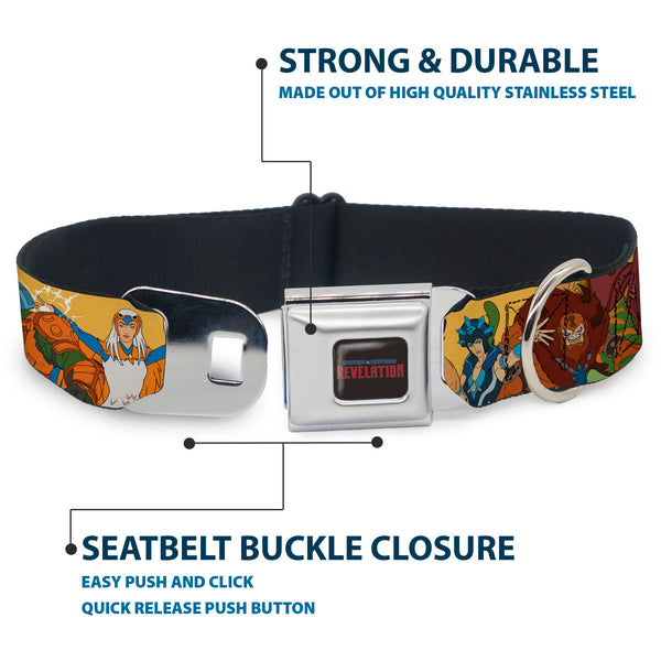 Buckle-Down MASTERS OF THE UNIVERSE REVELATION Title Logo Full Color Black Seatbelt Buckle Collar - MOTU Revelation Eight Character Group Pose Yellow