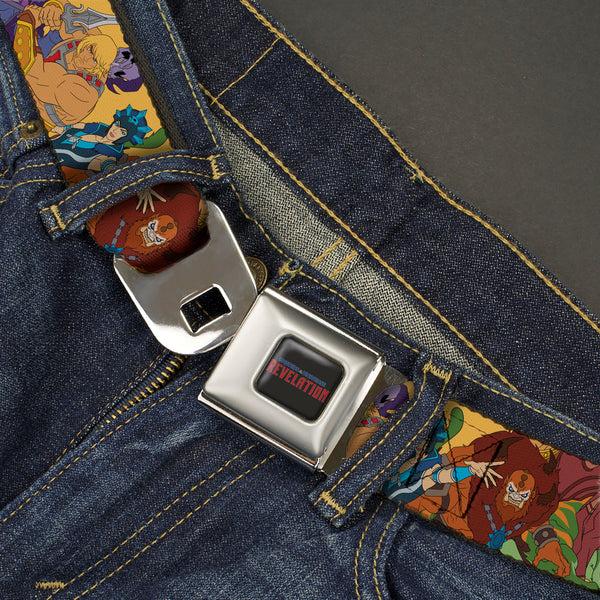 Buckle-Down MASTERS OF THE UNIVERSE REVELATION Title Logo Full Color Black Seatbelt Belt - MOTU Revelation Eight Character Group Pose Yellow Webbing
