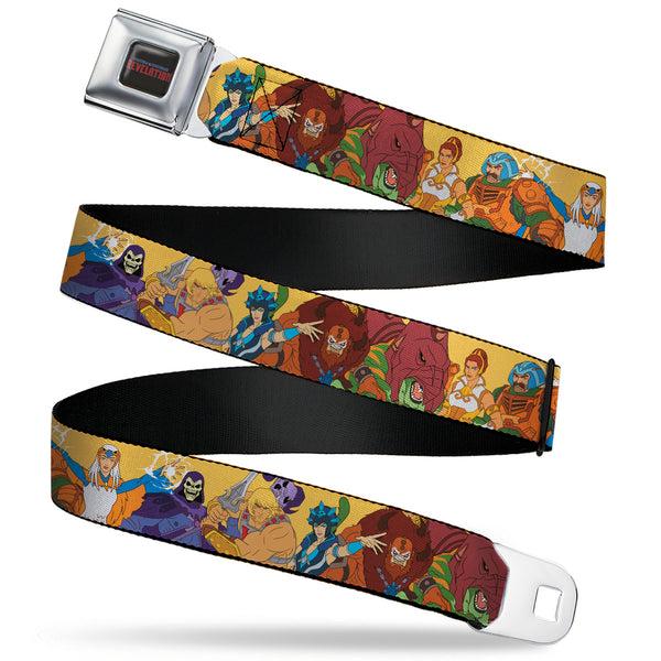 Buckle-Down MASTERS OF THE UNIVERSE REVELATION Title Logo Full Color Black Seatbelt Belt - MOTU Revelation Eight Character Group Pose Yellow Webbing