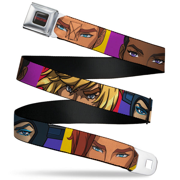 Buckle-Down MASTERS OF THE UNIVERSE REVELATION Title Logo Full Color Black Seatbelt Belt - Masters of the Universe Revelation Character Close-Up Blocks Webbing