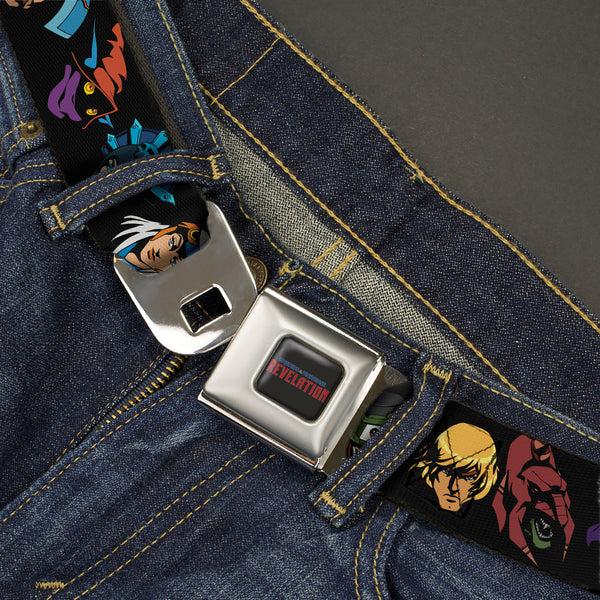 Buckle-Down MASTERS OF THE UNIVERSE REVELATION Title Logo Full Color Black Seatbelt Belt - Masters Of The Universe Eleven Character Faces Black Webbing