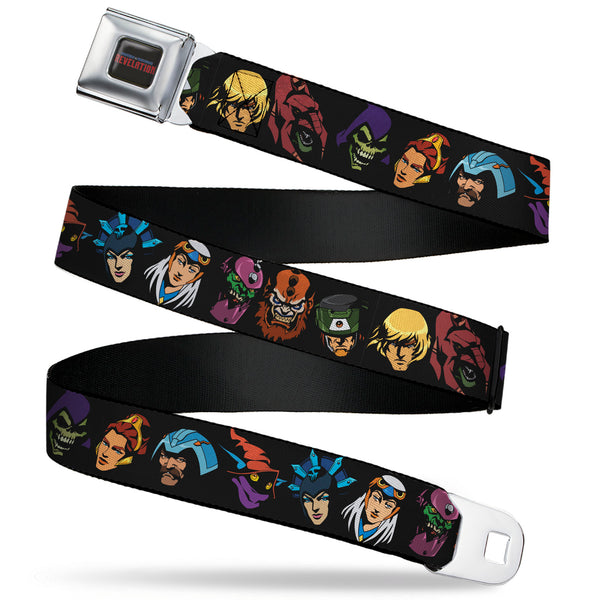 Buckle-Down MASTERS OF THE UNIVERSE REVELATION Title Logo Full Color Black Seatbelt Belt - Masters of the Universe Eleven Character Faces Black Webbing
