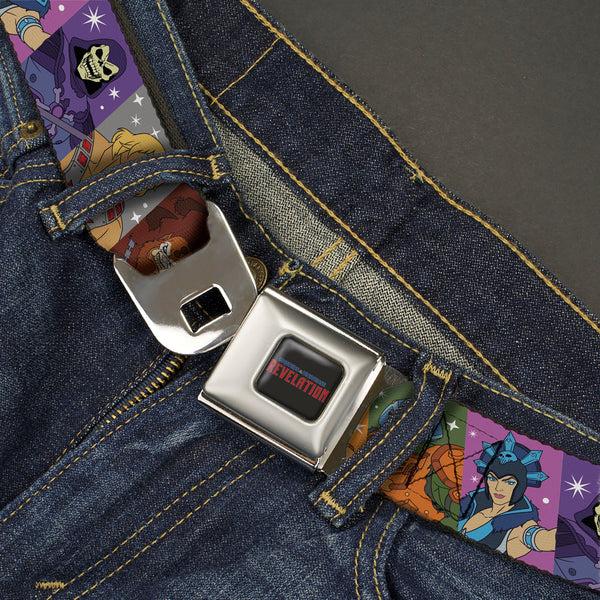 Buckle-Down MASTERS OF THE UNIVERSE REVELATION Title Logo Full Color Black Seatbelt Belt - Masters Of The Universe Character Block Stripe Poses Multi Color Webbing