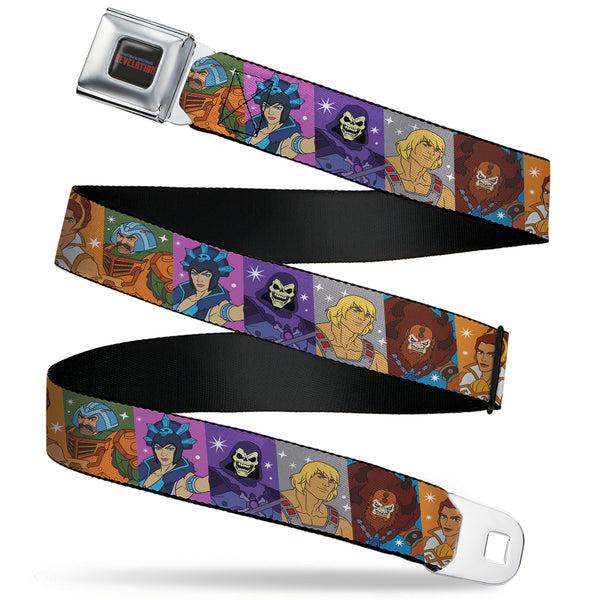 Buckle-Down MASTERS OF THE UNIVERSE REVELATION Title Logo Full Color Black Seatbelt Belt - Masters of the Universe Character Block Stripe Poses Multi Color Webbing