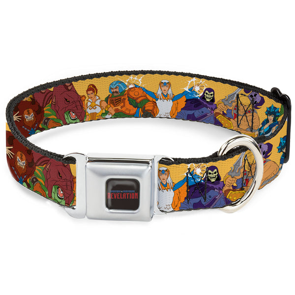 Buckle-Down MASTERS OF THE UNIVERSE REVELATION Title Logo Full Color Black Seatbelt Buckle Collar - MOTU Revelation Eight Character Group Pose Yellow