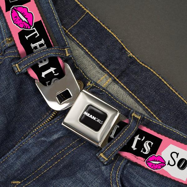 Buckle-Down MEAN GIRLS Title Logo Full Color Black/White Seatbelt Belt - Mean Girls THAT'S SO FETCH Collage Pink/Black/White Webbing