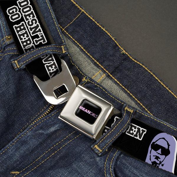 Buckle-Down MEAN GIRLS Title Logo Full Color Black/White Seatbelt Belt - Mean Girls Damian SHE DOESN'T EVEN GO HERE Black/Purple Webbing