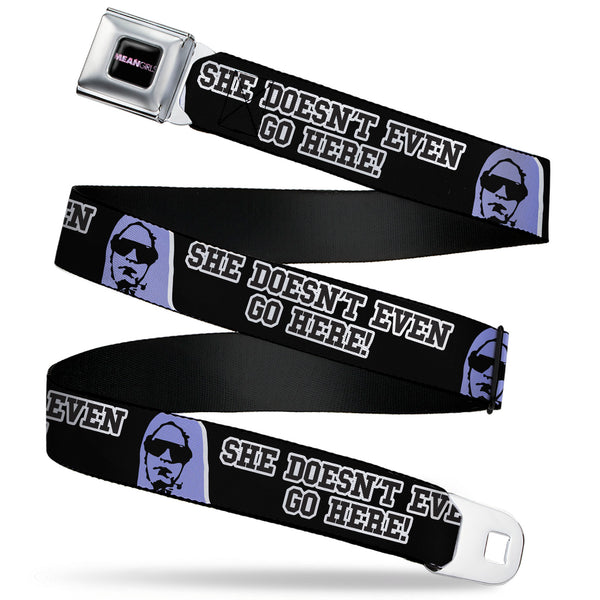 Buckle-Down MEAN GIRLS Title Logo Full Color Black/White Seatbelt Belt - Mean Girls Damian SHE DOESN'T EVEN GO HERE Black/Purple Webbing