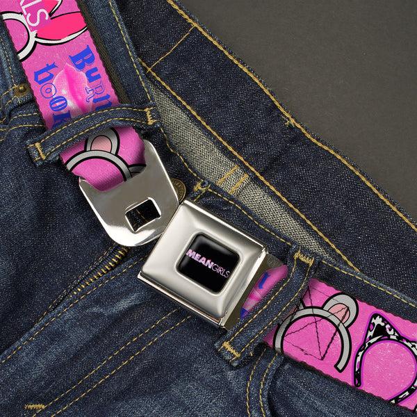 Buckle-Down MEAN GIRLS Title Logo Full Color Black/White Seatbelt Belt - MEAN GIRLS Quotes And Plastics Animal Ears Collage Pink Webbing