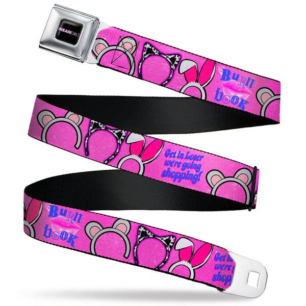 Buckle-Down MEAN GIRLS Title Logo Full Color Black/White Seatbelt Belt - MEAN GIRLS Quotes and Plastics Animal Ears Collage Pink Webbing