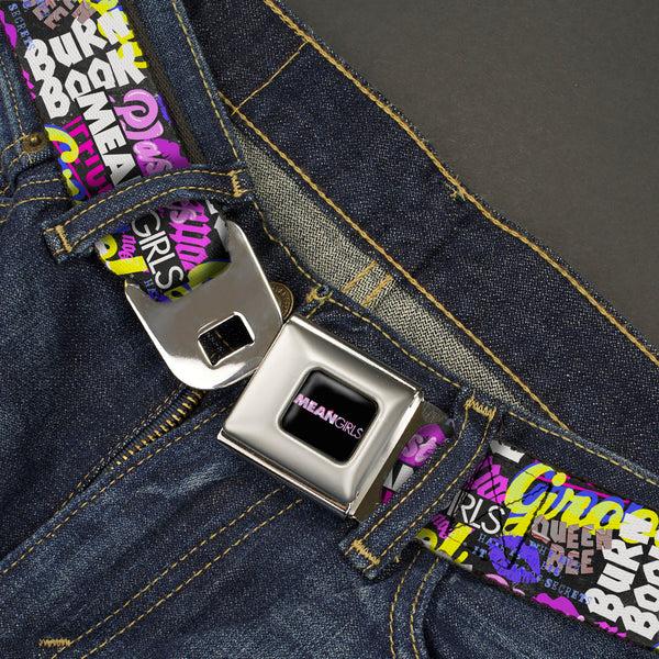 Buckle-Down MEAN GIRLS Title Logo Full Color Black/White Seatbelt Belt - Mean Girls Catch Phrases Collage Black/Multi Color Webbing