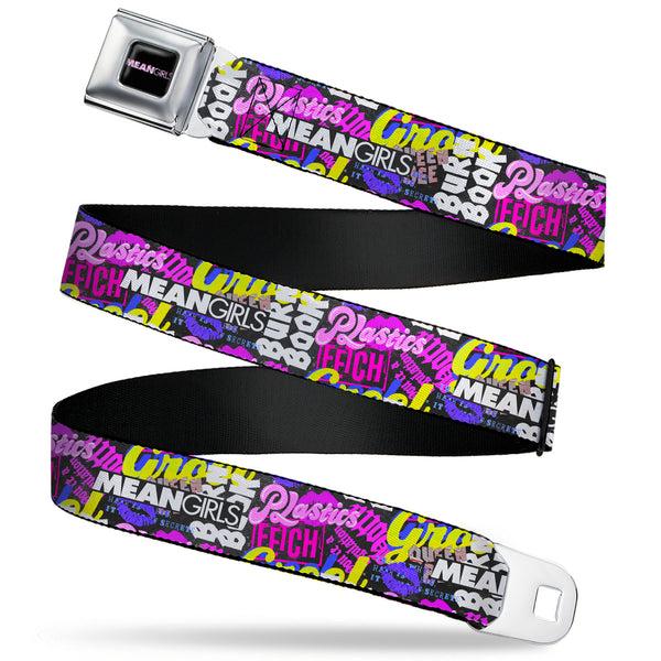 Buckle-Down MEAN GIRLS Title Logo Full Color Black/White Seatbelt Belt - Mean Girls Catch Phrases Collage Black/Multi Color Webbing