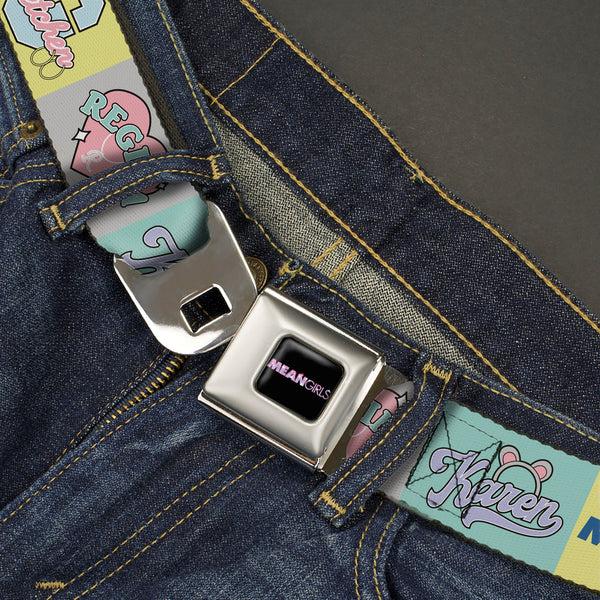 Buckle-Down MEAN GIRLS Title Logo Full Color Black/White Seatbelt Belt - Mean Girls The Plastics Icon Blocks Multi Pastel Webbing