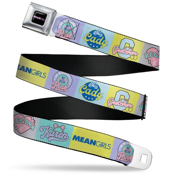Buckle-Down MEAN GIRLS Title Logo Full Color Black/White Seatbelt Belt - Mean Girls the Plastics Icon Blocks Multi Pastel Webbing